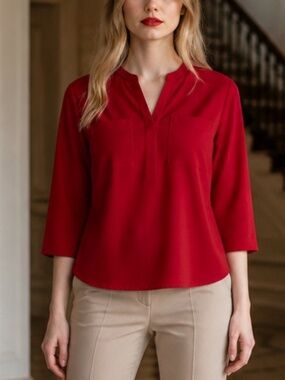 Van Heusen Red Split-Neck Blouse | Workwear Staple | Size Small/Petite